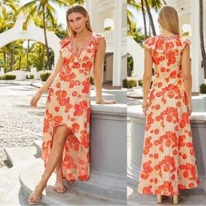 BOSTON PROPER NWOT cotton hi-low dress orange cream floral ruffle sz 4 beaded